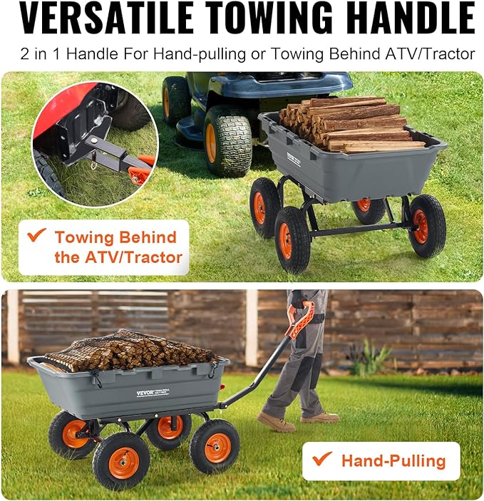 VEVOR 1200lbs 7Cu.Ft. Garden Dump Cart with 2-in-1 Convertible Handle and 13in All Terrain Wheels, Heavy Duty Poly Yard Dump Wagon Utility ATV Trailer Dump Cart Tow Behind for Lawn Mower Tractor