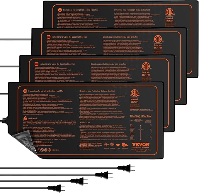 VEVOR 4 Pack Seedling Heat Mat 10"x 20.75", MET-Certified Warm Hydroponic Plant Heating Pad for Seed Starting, Waterproof Heating Mats for Germination, Indoor Gardening, Greenhouse