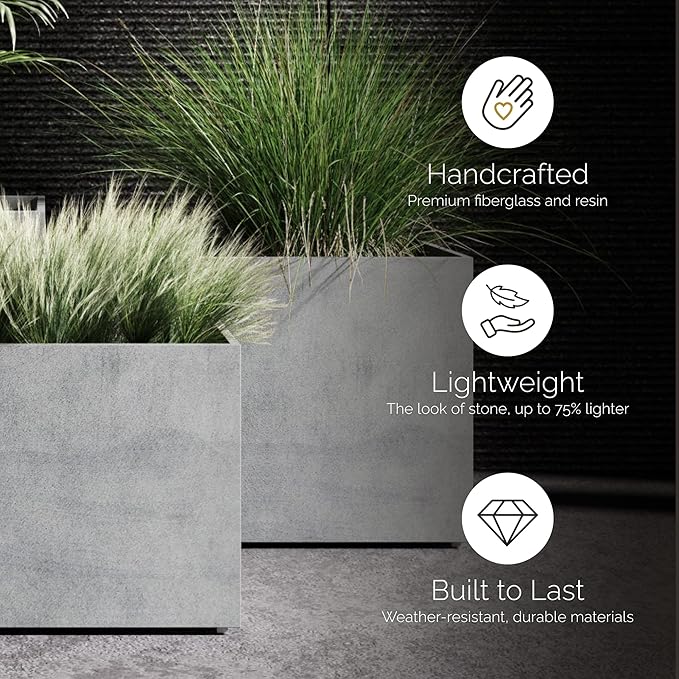 Reglito Cube Planter – Fiberglass Indoor/Outdoor and Weather-Resistant Large Planter (Concrete Stone, 27.6" L x 27.6" W x 28.1" H)