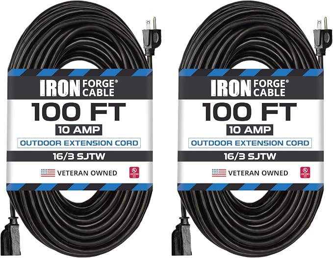 Iron Forge Cable 2 Pack 100 Ft Black Extension Cord, 100 Foot Extension Cord by IronForgeCable