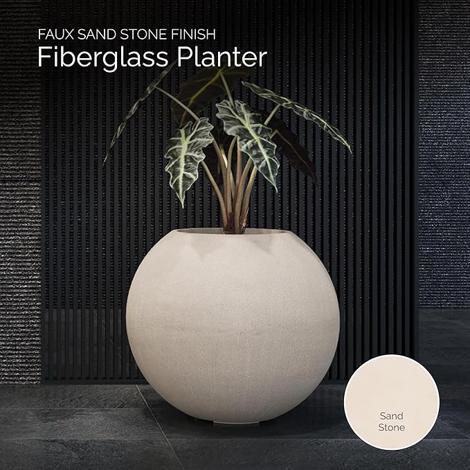 Orbo Large Planter – Fiberglass Indoor/Outdoor and Weather-Resistant Globe Planter (Sand Stone, 35.4" D x 31.3" H)