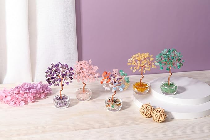 Jovivi Small Amethyst Crystals Tree, Natural Crystal Healing Stones Tree Glass Bowl Base Gemstone Money Trees Feng Shui Good Luck Home Desk Decor