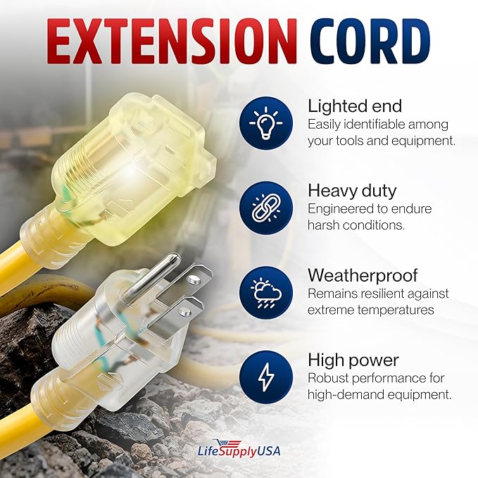 25ft Outdoor/Indoor Extension Cord 12/3 Gauge Extra Heavy Duty 3 Prong SJTW - Image 2