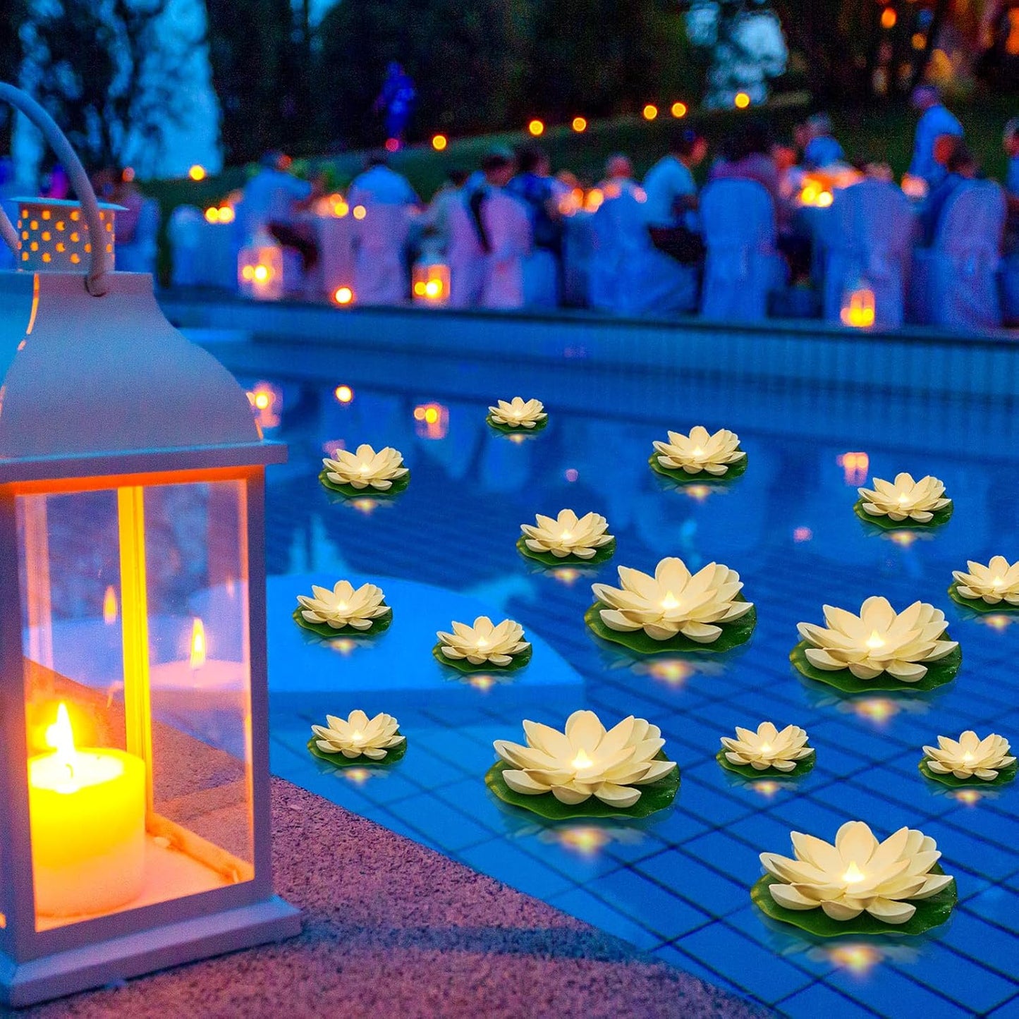 Liliful 24 Pcs Diwali Lotus Decoration Pool Floating Lights, Artificial Flowers Lotus with LED,Lily Pads Water Lantern for Indian Puja Home Decoration(3.94 Inch, 5.91 Inch,White)