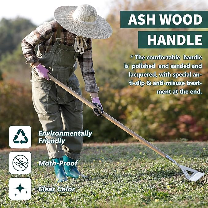 Berry&Bird Dutch Hoe for Weeding，63'' Stainless Steel Garden Weed Hoe with Long Wooden Handle,Heavy Duty Scuffle Hoe Manual Weeder Tool for Gardening Moss Removal Cutting Grass Soil Loosening & Edging