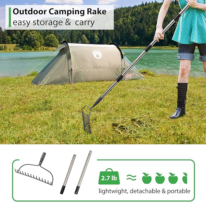 Rake for Leaves, Garden Bow Rake Heavy Duty, 48 in Leaf Rakes for Lawns, Yard Gardening Tools with Back-Saving Handle, 14 Metal Tines Head for Loosen Soil, Clear Gravel Grass Rock, Level Mulch