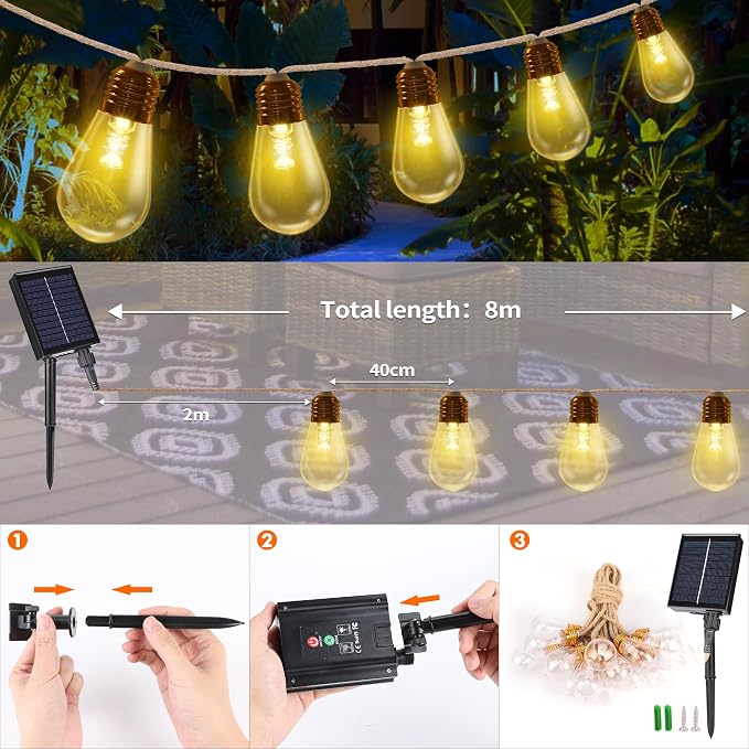 Colors Changing Solar String Lights Outdoor, 20Ft Vintage Rope Hemp Color - Image 5