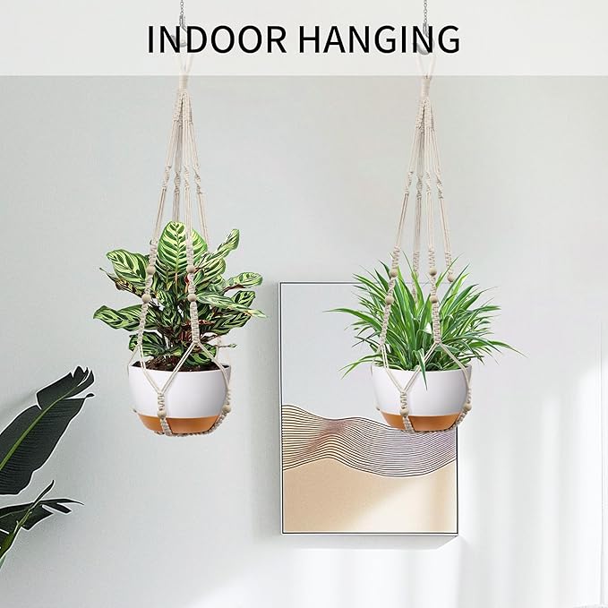 35 Inch Macrame Plant Hanger - Fits 4-13 Inch Pots, Supports Up to 22lbs, Sturdy Hanging Planter Holder for Indoor Outdoor, Boho Home Decor, 2 Pack, Ivory (POTS NOT Included)