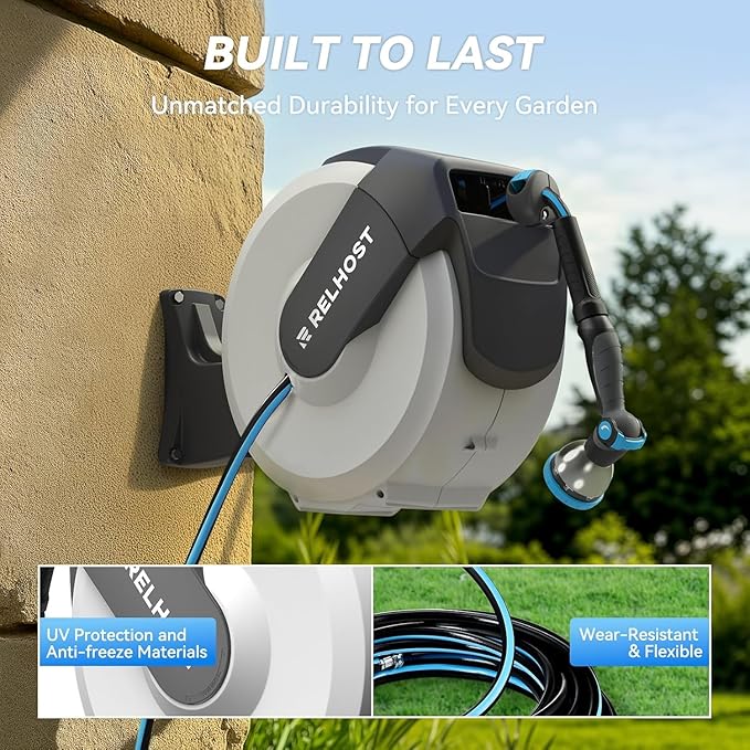 Retractable Garden Hose Reel - 100 ft x 5/8 in Heavy Duty Wall Mount with Auto Rewind, Any Length Lock, 180° Swivel Bracket & 10-Pattern Nozzle (White & Grey)
