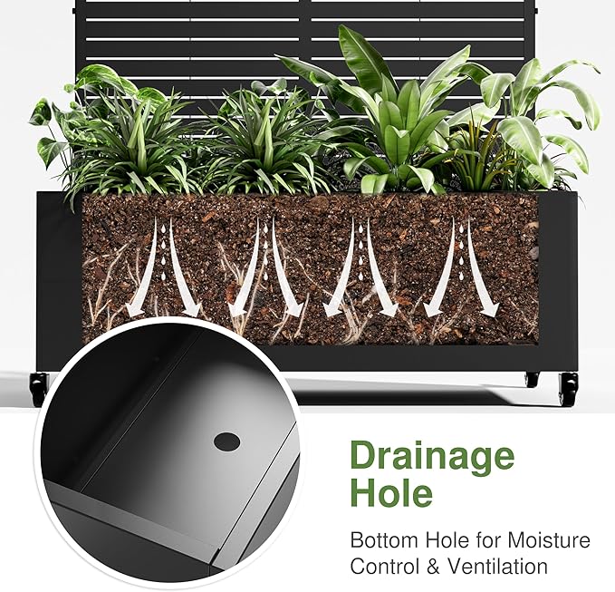 Casaphoria Metal Raised Garden Bed with Trellis and Wheels, 72"x35"x16" Arched Planter Box for Climbing Plants, Vegetables & Vines, Features Drainage Holes and Privacy Screen (Black-Louvered)