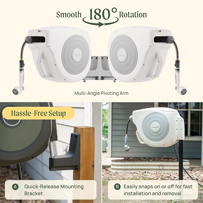 Vego Garden Hose Reel Retractable Hi-Flow x 100ft Wall Mounted Hose Reel Automatic Rewind, Any Length Lock with 9 Patterns Sprayer Nozzle, Quick Connector and Adjustable shot Nozzle-Seaweed Green