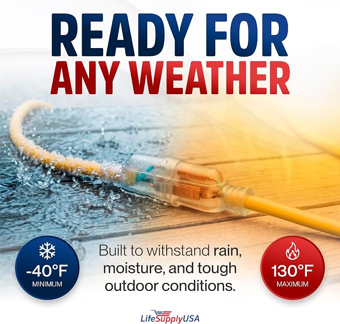 25ft Outdoor/Indoor Extension Cord 12/3 Gauge Extra Heavy Duty 3 Prong SJTW - Image 5