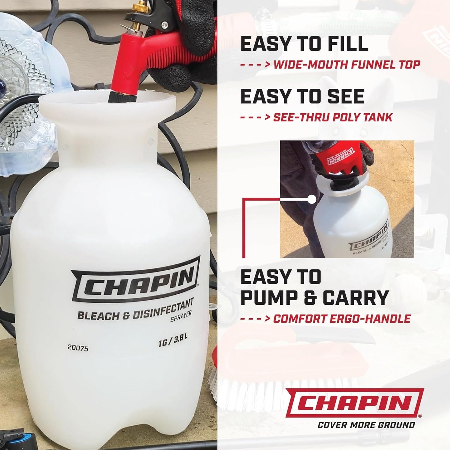 Chapin 20074: Made in The USA Disinfectant Bleach Sprayer, 1-Gallon, Adjustable Cone Nozzle, Compatible with Bleach Solutions and Fungicides, Bonus Spray Shield, Translucent White