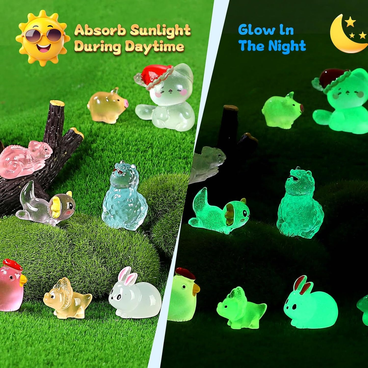 130pcs Luminous Mini Resin Animals Figures to Hide Miniature Figurines Glow in The Dark for Miniature Fairy Garden Accessories Micro Landscape Aquarium Ornaments Kit Dollhouse Decor Crafts
