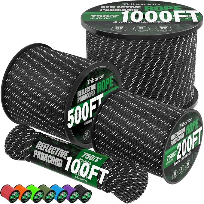 Reflective Paracord Rope 750 lb - 200ft 5/32" Parachute Cord 4MM 12-Strand para by Triberion