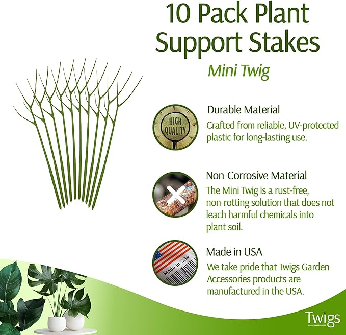Twigs - Plant Support Stakes for Indoor, Outdoor & Climbing Plants, Gardening Supplies, Garden Accessories, Trellis & Ring Alternative, Made in USA - Peony (Light Green), 10 Pack, 12" L, Mini Twigs