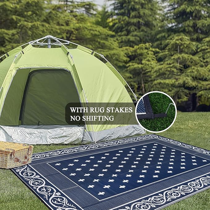 Pauwer Waterproof Outdoor Rug 8x10, Reversible Plastic Straw Patio Camping Rug, Indoor Outdoor RV Mat Carpet for Deck, Camper, Porch, Balcony, Backyard, Picnic, Bordered Navy