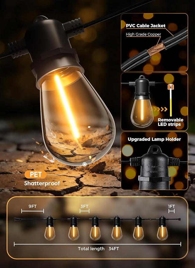 Minetom 34FT Solar String Lights Outdoor Waterproof, 9 LED S14 Shatterproof Bulb - Image 5