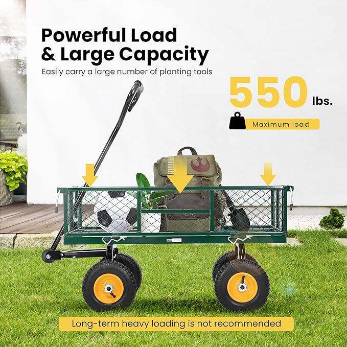 VIVOHOME Heavy Duty 550 Lbs Capacity Mesh Steel Garden Cart Folding Utility Wagon with Removable Sides (Green)