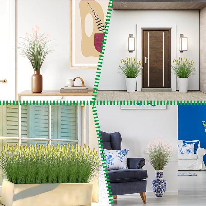 Artificial Grasses Plants Oudoor 12 Bunches Onion Grass Greenery with Plush Faux Fake Shrubs Plant Onion Wheat Grass for Outside Garden Indoor House Home Office Décor (Light Purple & Pink Plush