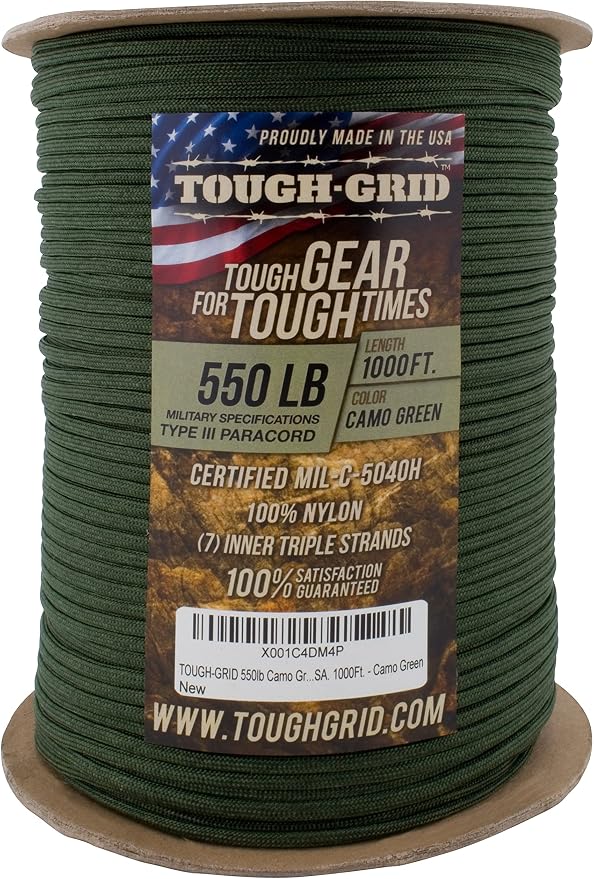 TOUGH-GRID 550 Paracord, Type III Mil-Spec Nylon Rope - 1000 Ft Camo Green - Image 3