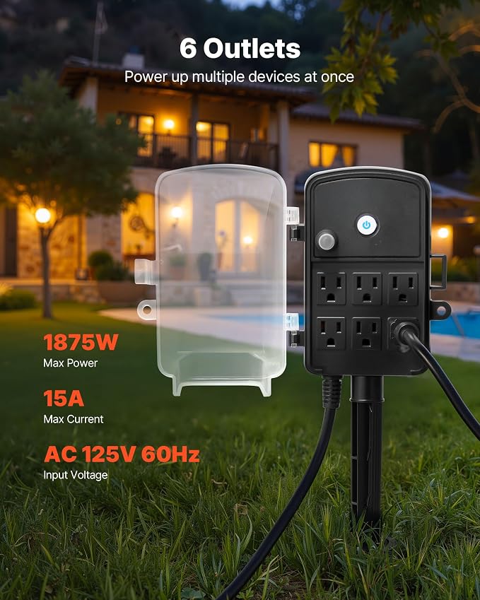 VEVOR Outdoor Power Stake Waterproof, 50 FT Extension Cord, Outdoor Power Strip - Image 2