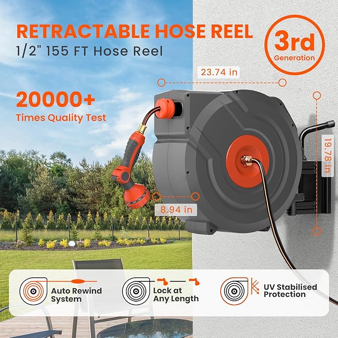 Upgraded Retractable Garden Hose Reel 1/2" x 155 ft Pro 180° Swivel Metal Bracket Automatic Retract Heavy Duty Hose Reels Wall Mount Any Length Lock 9 Pattern Nozzle Garden Watering