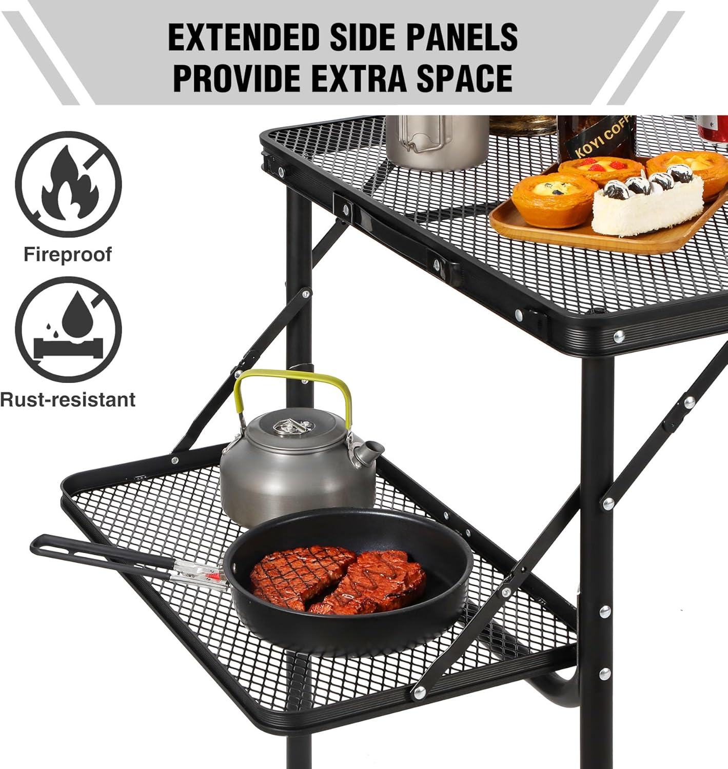 RedSwing Folding Grill Table with Extension Space, Adjustable Height Portable Large Stand Camp Table for Outdoor Indoor Camping Picnic BBQ, Black with Side Panels