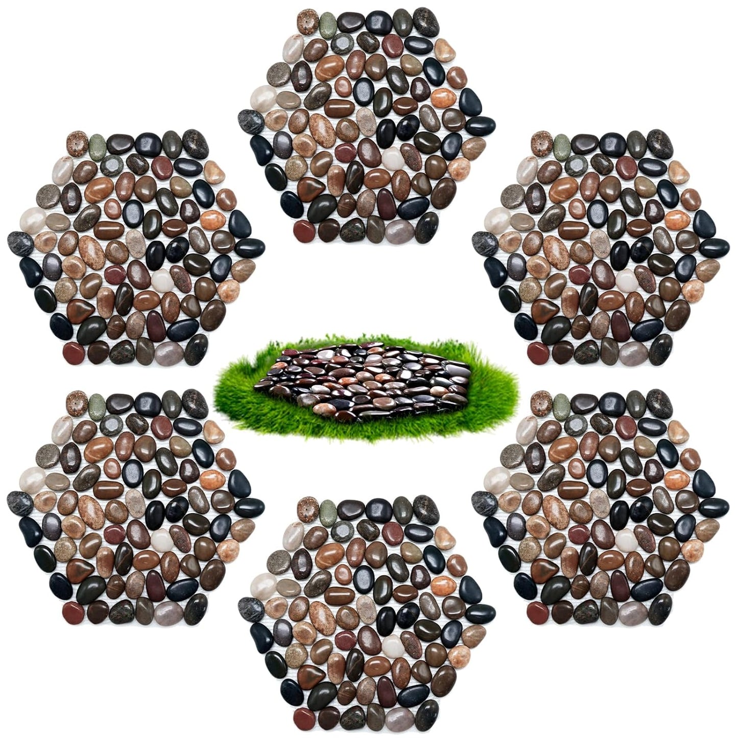 10in River Rock Stepping Stones Set - 6 Pack | Polished Pebble | Long-Lasting PVC Mesh Backing | Perfect for Garden Paths and Lawns Outdoor Landscaping Decoration | Mixed Rhombus