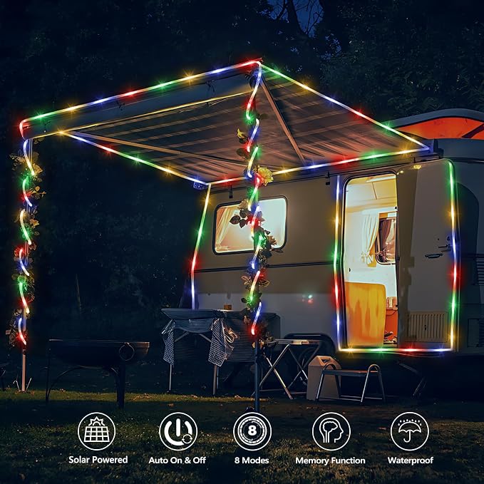 Solar Rope Lights, 2 Packs Total 66ft 200LED Solar String Lights, 8 Modes - Image 2