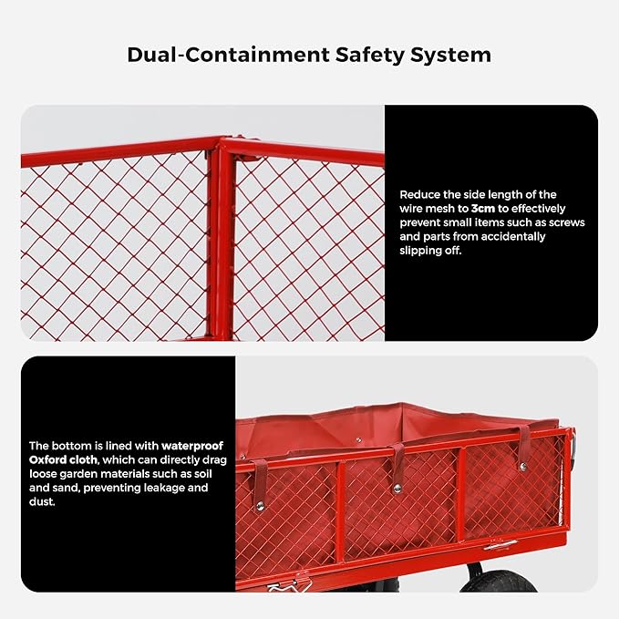 SUNNYFEEL 900 Lbs Capacity Heavy Duty Mesh Steel Garden Cart,Folding Utility Wagon with Removable Side Nets, Non-Slip Rubber Base, Red,Upgraded Version
