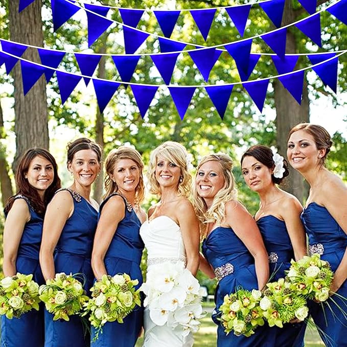 Royal Blue Party Decoration Navy Blue Triangle Pennant Banner Flag Dark Blue Metallic Fabric Bunting Garland for Graduation Wedding Retirement Bridal Shower Birthday Nautical Ahoy Achor Party Supplies