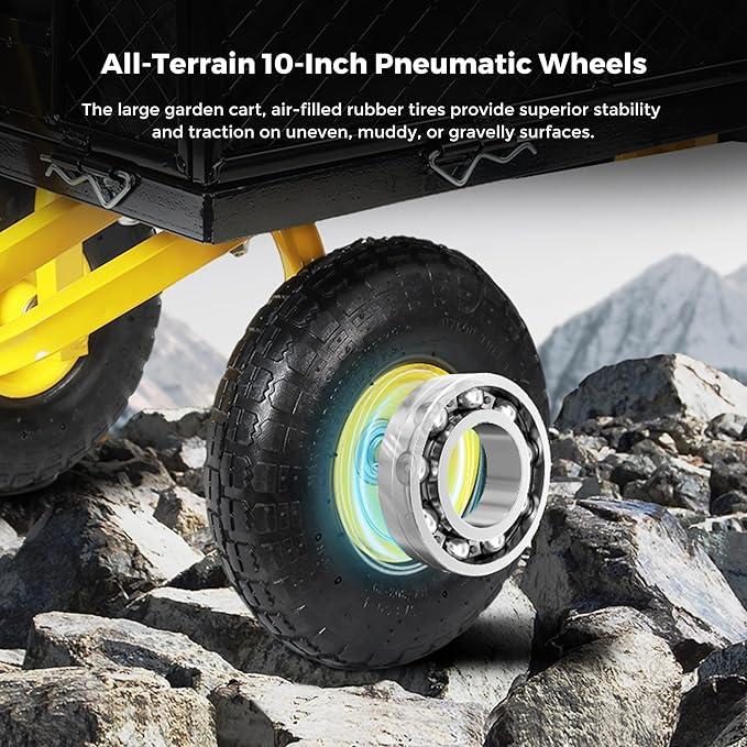 SUNNYFEEL 900 Lbs Capacity Heavy Duty Mesh Steel Garden Cart, Folding Utility Wagon with Removable Sides,10 Inch Flat Free Tires, Black & Yellow