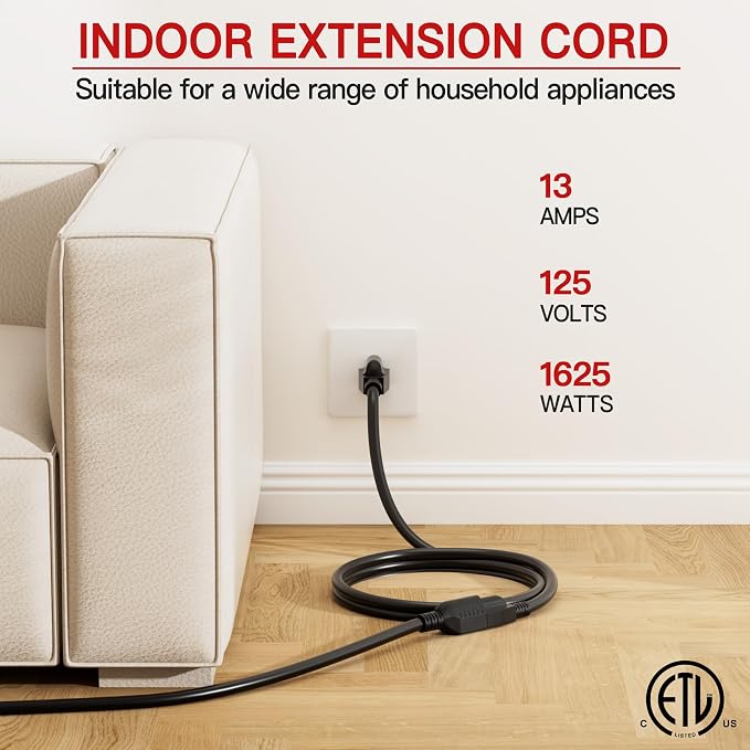 16/3 Short Extension Cord 10 FT, Indoor 3 Prong Power Cable, Suitable - Image 3
