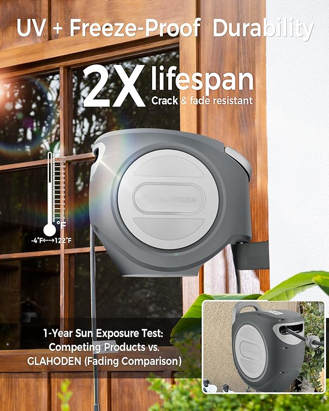 Retractable Garden Hose Reel 1/2 in x 100 ft Upgraded UV Resistant Heavy Duty Automatic Hose Reel Wall Mount 3/4 in Brass Fitting 9 Pattern Nozzle Any Length Lock Slow Retraction 180° Swivel