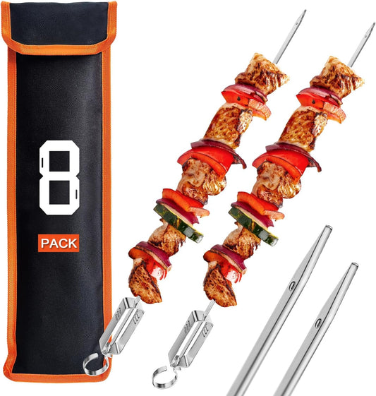 ESOW Metal BBQ Skewers for Grilling-16.83" Long Flat Kebab Sticks with Push Bar, Stainless Steel 304 Shish Kabob Skewers for Camping, Set of 8 with Bag
