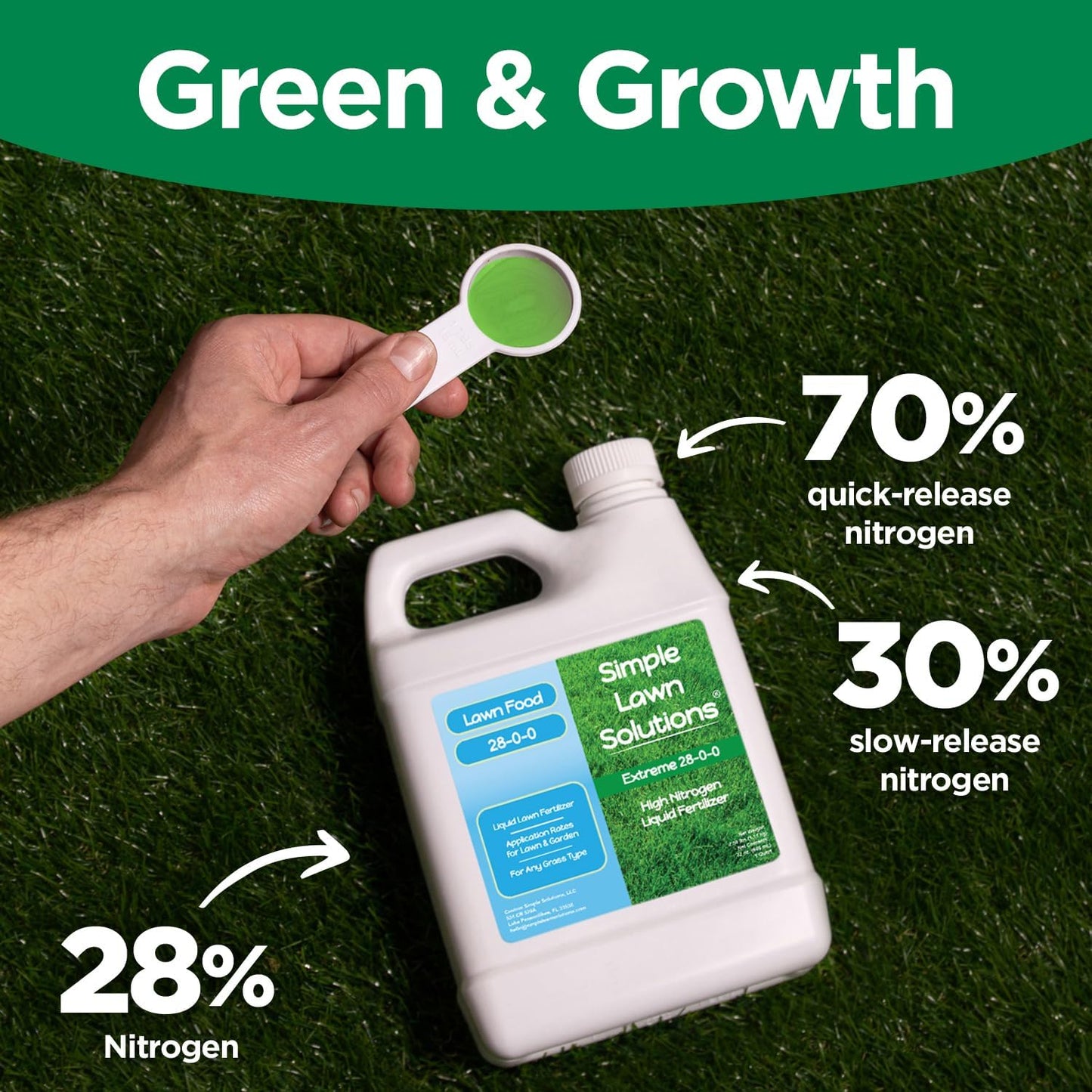 Maximum Green & Growth- High Nitrogen 28-0-0 NPK- Lawn Food Quality Liquid Fertilizer- Spring & Summer- Any Grass Type- Simple Lawn Solutions - Concentrated Quick & Slow Release Blend (1 Quart)