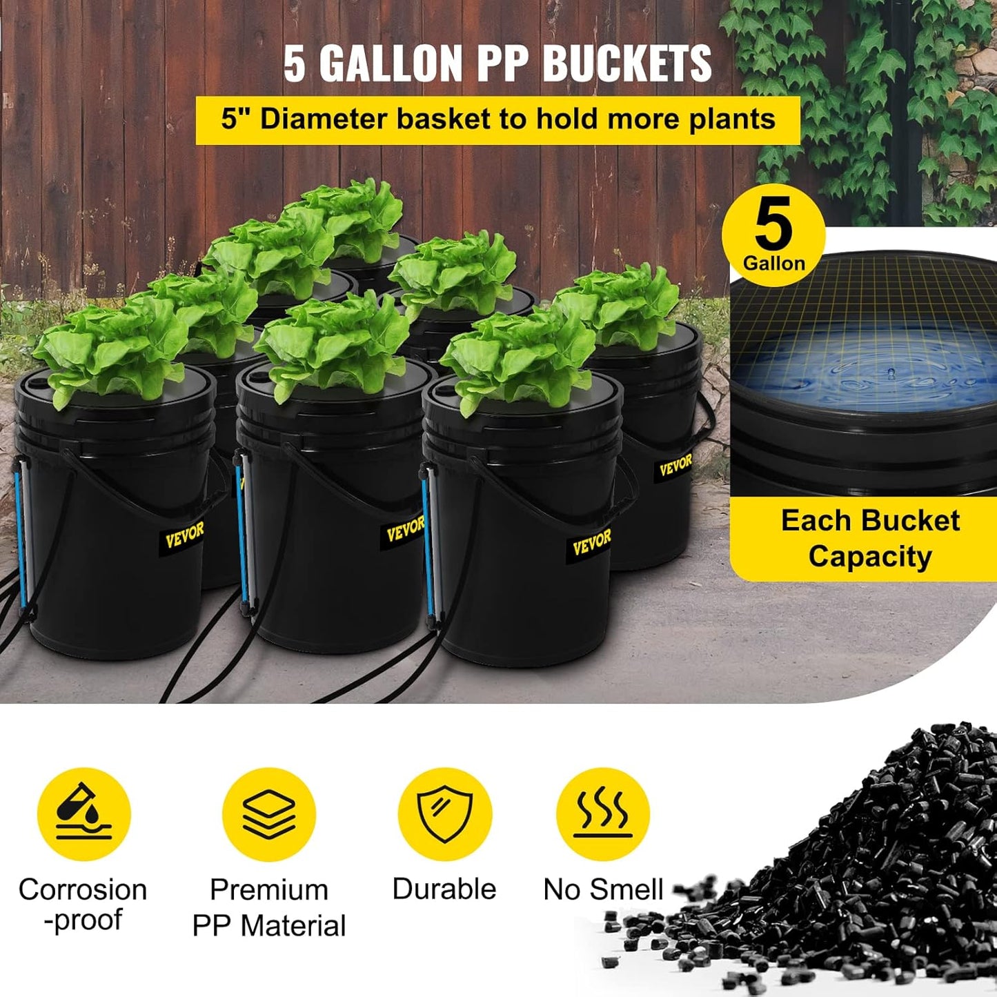 VEVOR DWC Hydroponic System, 5 Gallon 8 Buckets, Deep Water Culture Growing Bucket, Hydroponics Grow Kit with Pump, Air Stone and Water Level Device, for Indoor/Outdoor Leafy Vegetables