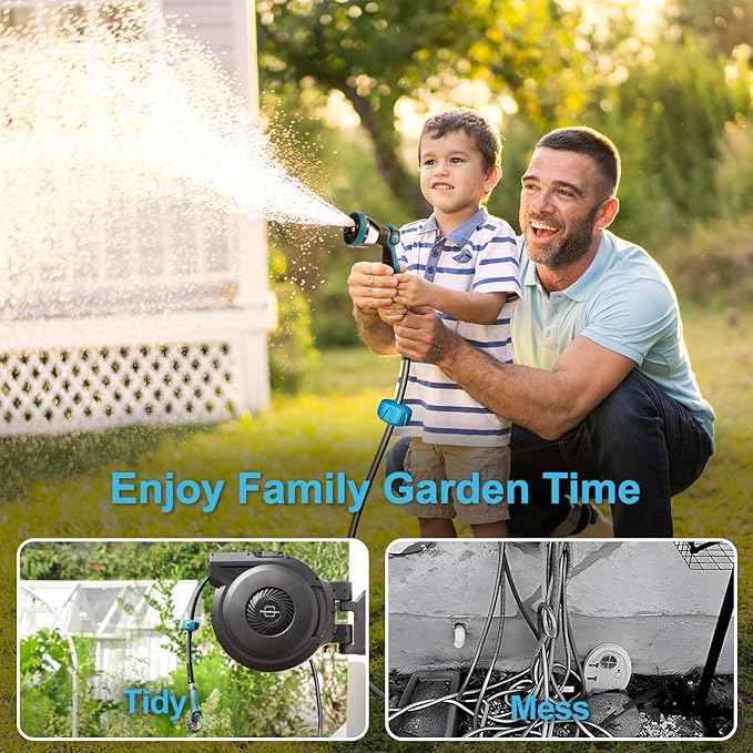 Retractable Garden Hose Reel - 5/8 inch x 70 ft Wall Mounted Hose Reel with 10 Pattern Nozzle & Any Length Lock, Heavy Duty Water Hose Supports Automatic Rewind & 180° Swivel, Black