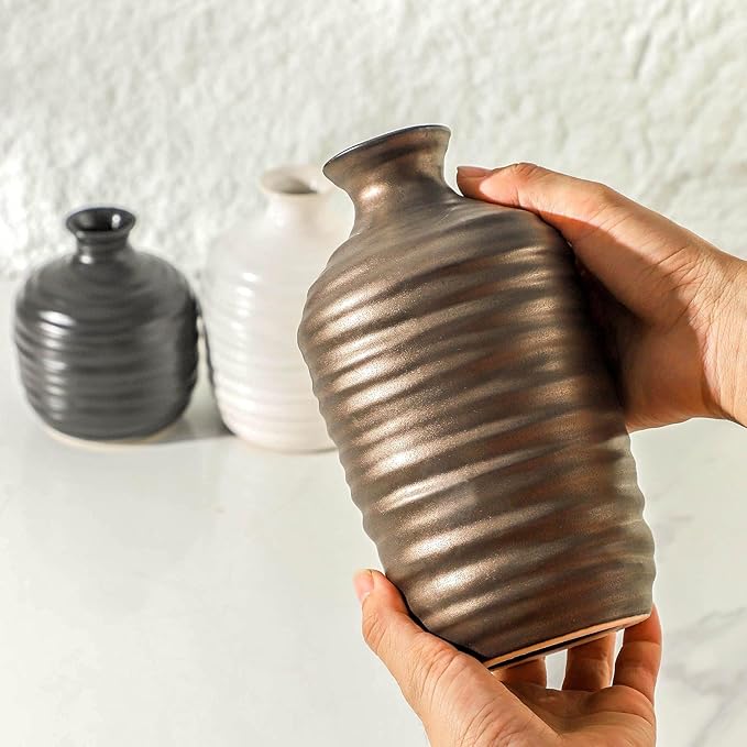 Ceramic Vase Set of 3 Decorative Vase for Home Decor Modern Farmhouse Decor Pottery Neutral Vases for Living Room Bathroom Table Mantel Fireplace Entryway Shelf (02-Metallic)
