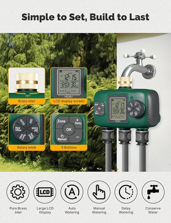 MOES 3 Outlet Sprinkler Timer, Brass Inlet, Programmable Automatic Irrigation Controller, Rain Delay, Manual Watering, 3 Zone Water Hose Timer for Gardens, Lawns, and Hose Systems