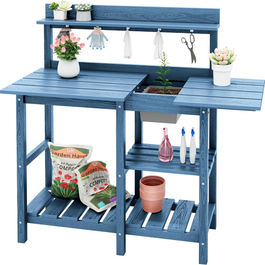 SERWALL Potting Table Outdoor Potting Bench with Sink, HDPE Potting Benches for Outside All Weather Use- Blue