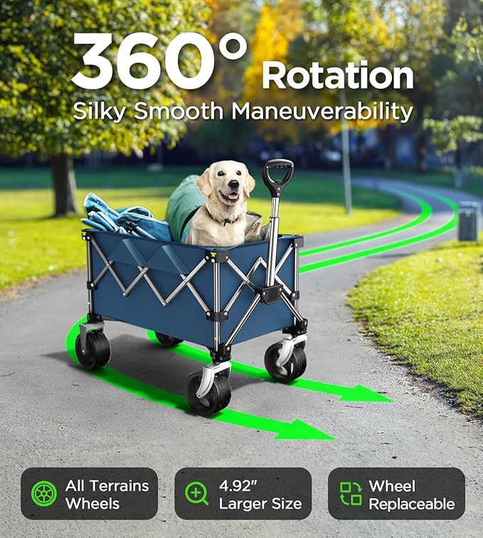 Beach Wagon,Collapsible-Wagon 220lbs with Big Wheels FoldableWagon Carts,Portable Utility for Garden Grocery Sports Camping All Terrain-Blue