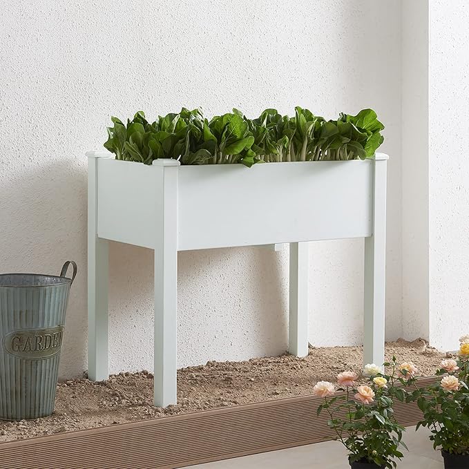 Psilvam Raised Garden Bed with Legs, Poly Lumber Raised Planter Box, Outdoor Elevated Garden Bed Suit for Backyard, Patio, Balcony 34" D x 18" W x 30" H（White）