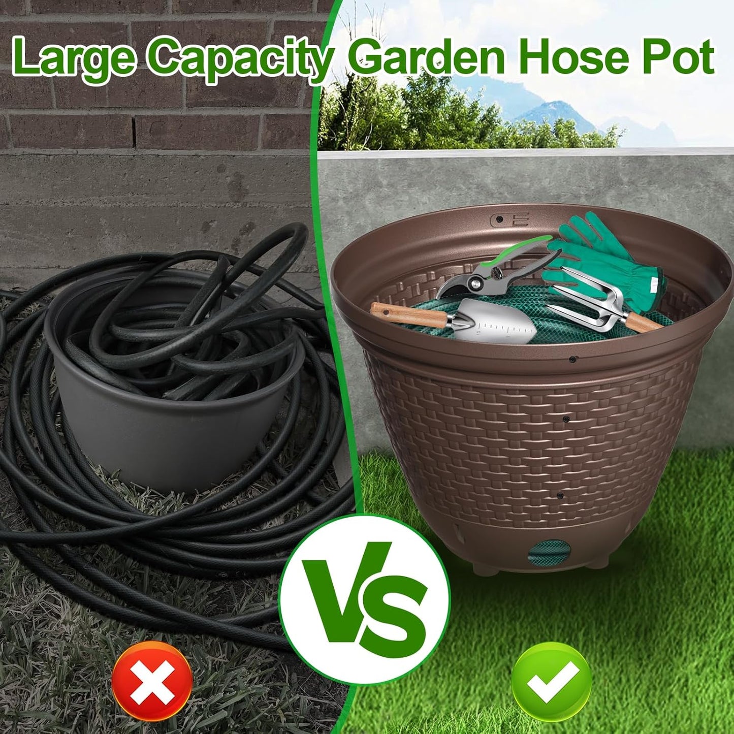 Riokko Garden Hose Holder Pot, Decorative Wicker Hose Holder, Water Hose Storage for Outside/Garage, Hose Box Fits 100-400 FT Hoses with 5 Drain Holes, Large Capacity & Assembly Required, Java