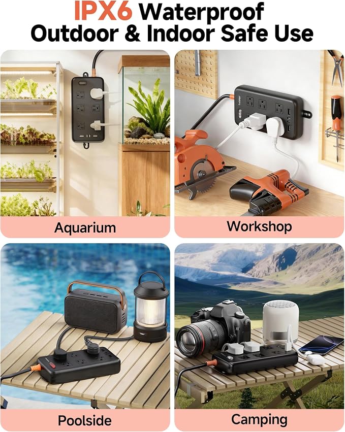 Outdoor Power Strip Waterproof IPX6, 15 Ft Extension Cord, 6 Wide Outlets & 4 - Image 7