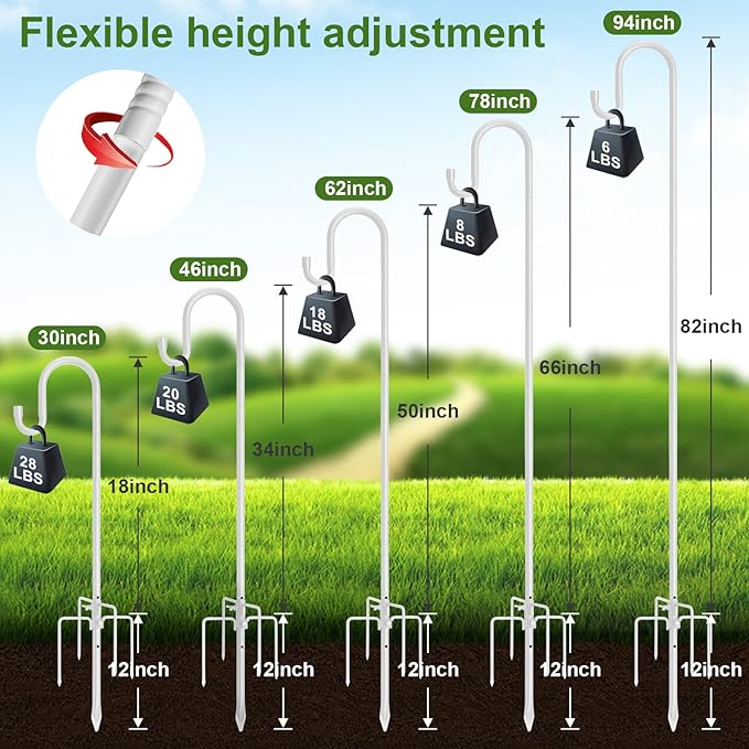 Bird Feeder Pole with Shepherds Hook - Heavy Duty Hummingbird Feeder Stand with 5 Prong,78" Adjustable Rustproof Garden Hooks Outdoor for Hanging Birdfeeder,Wind Chimes,Lanterns,Solar Lights,White