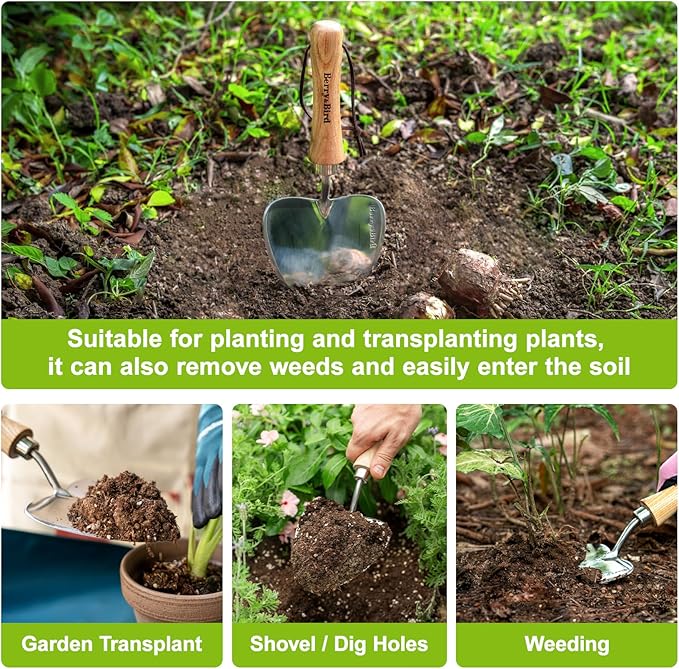 Berry&Bird Perennial Trowel, Oversized Garden Potting Trowel with Sharp Blade Wood Hand Shovel, Stainless Steel Planting Trowel Gardening Tool for Roots,Planting,Digging,Transplanting and Cutting