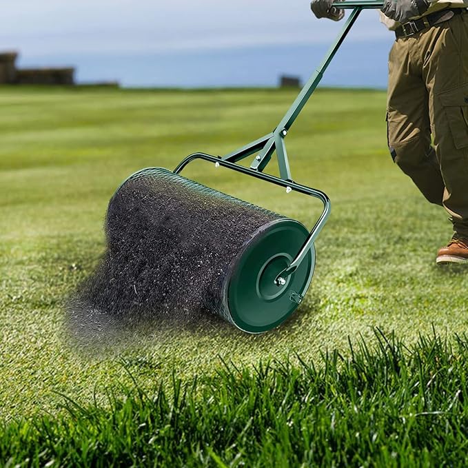 Compost Spreader, Durable Lawn Roller, Manure Spreader with Upgrade T Shaped Handle,Top Soil Spreader for Lawn and Garden Care Manure Spreaders Roller (12.5 Inch-T-Green-S)