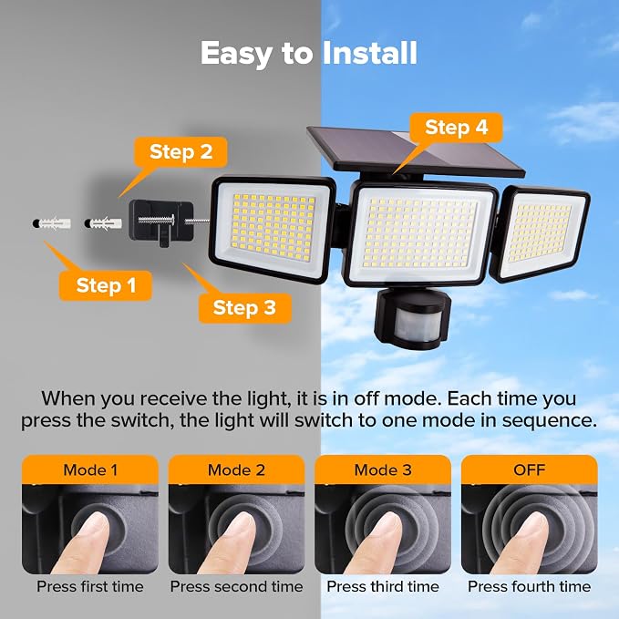 UME Solar Outdoor Lights 302 LED 3000LM, IP65 Waterproof Motion Sensor Outdoor - Image 7